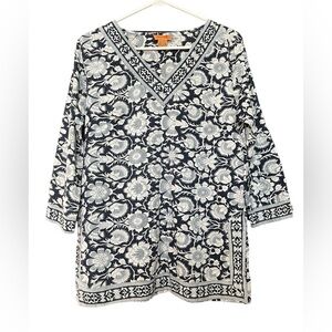 SAKKAS Cotton Floral Women’s Top Tunic Long  Sleeves V Neck Sz L